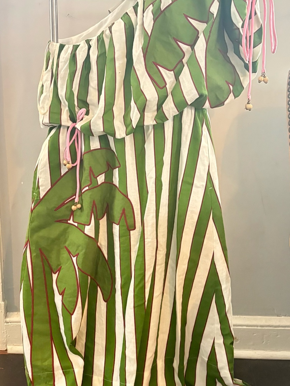 FARM Rio Green and White One-Shoulder Maxi Dress with Pink Tie